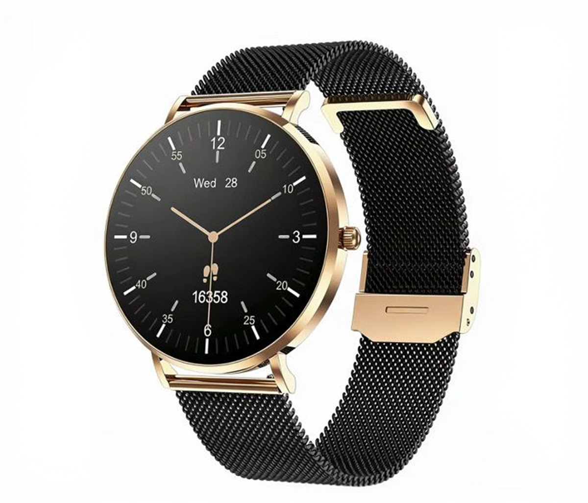 Smartwatch with black mesh band and gold case on a white background